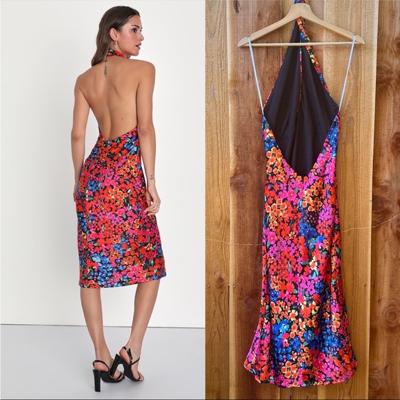 Black and Colorful Multi Floral Satin Halter Midi Dress 🌿 - Picture 3 of 11